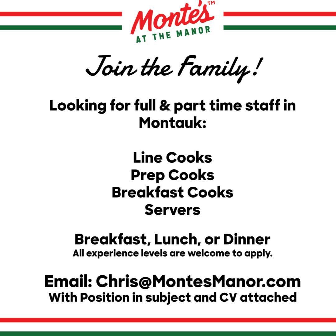 Join the Family! Email us: Chris@MontesManor.com with Position in the subject and CV attached.