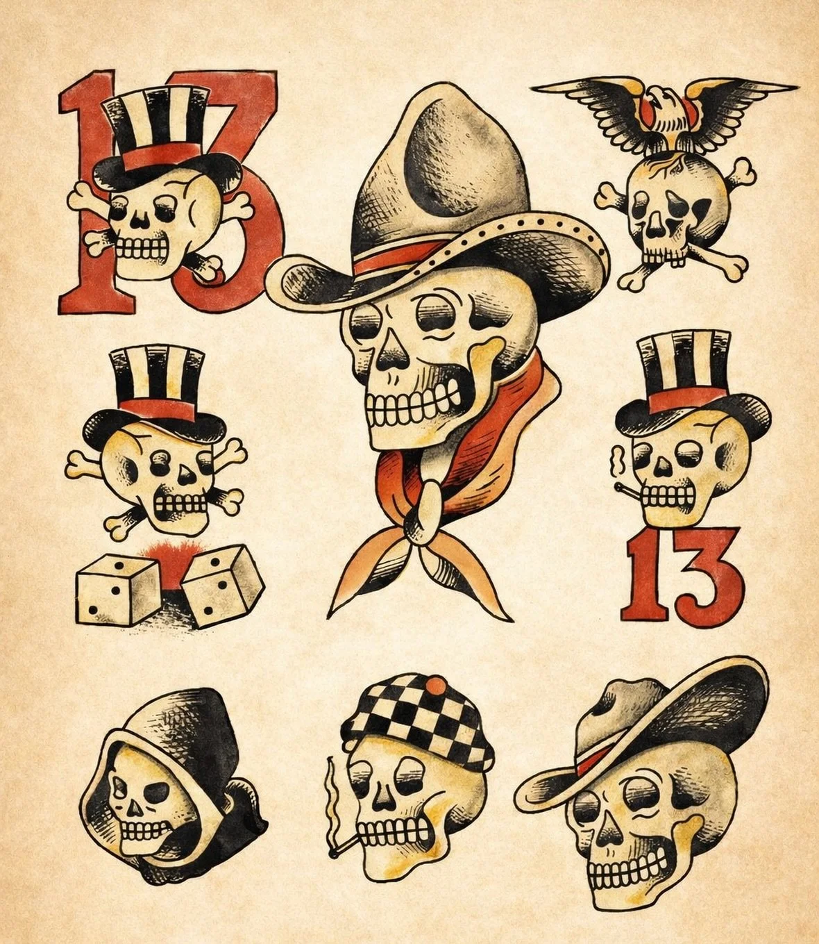 Nothing says Friday the 13th like a classic sheet of skull flash.
Bold, simple, and built to last.

Tip Top Friday The 13th
Appointments available.
DM to book before the spots disappear.

#Friday13Tattoo #TattooFlash #TipTopTattooCincy #TraditionalTa