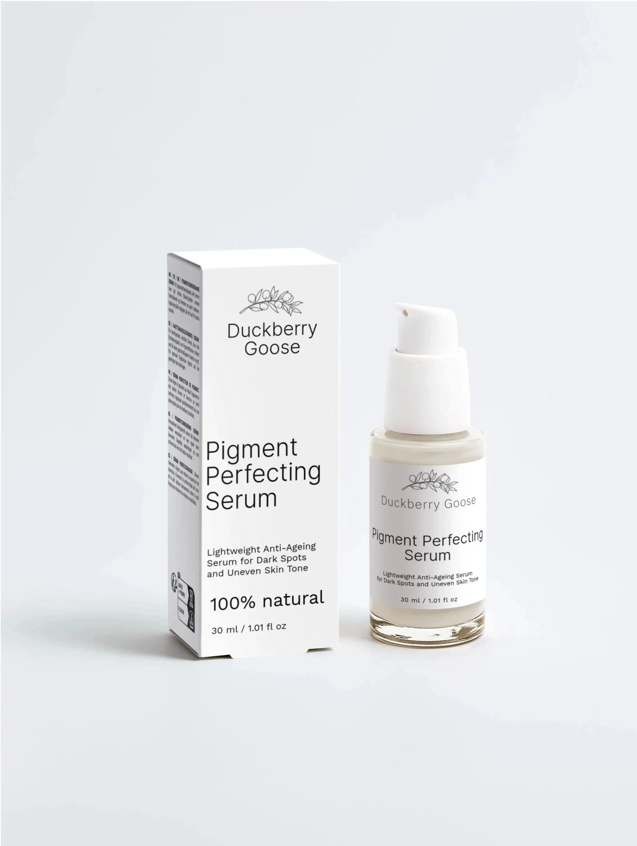 <img source='PigmentPerfSerum.jpeg' alt='A bottle of Duckberry Goose Pigment Perfecting Serum next to its box, both on a white background.' />