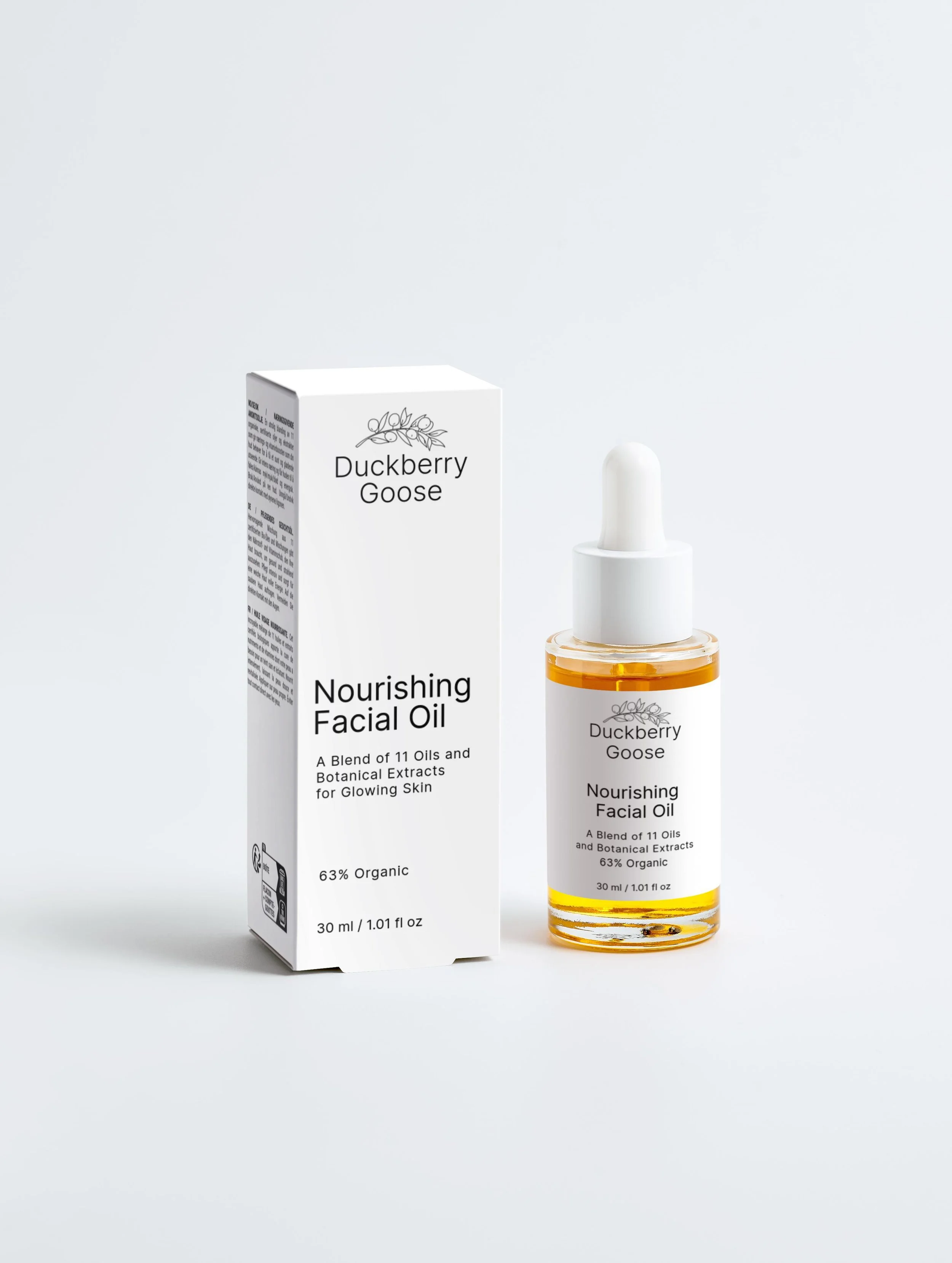 Duckberry Goose Irish Certified Organic Nourishing Facial Oil bottle with white box in white background.