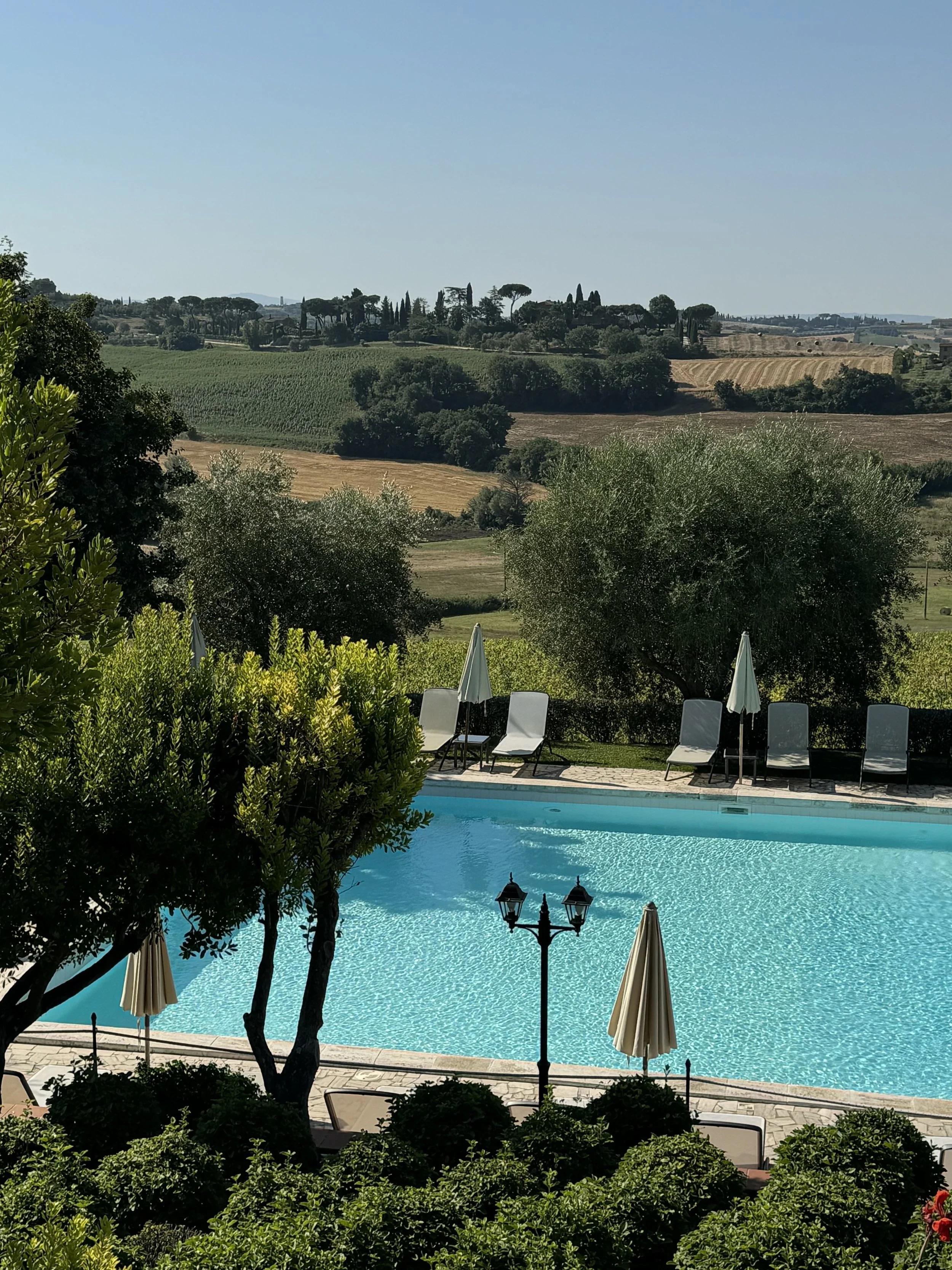 Swimming pool with lounge chairs and umbrellas, surrounded by trees and greenery, with rolling hills and fields in the background.