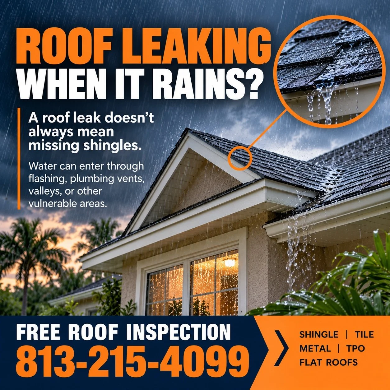 Florida home with a shingle roof in heavy rain, illustrating common roof leak entry points and New Roofs Group’s free roof inspection service.