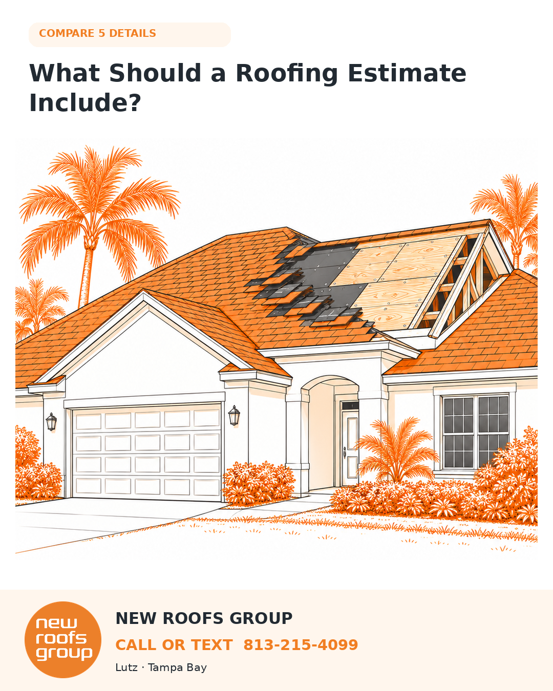 Illustration of a Tampa Bay roofing estimate checklist with roof materials, flashing, permits, warranties, and cleanup to compare.