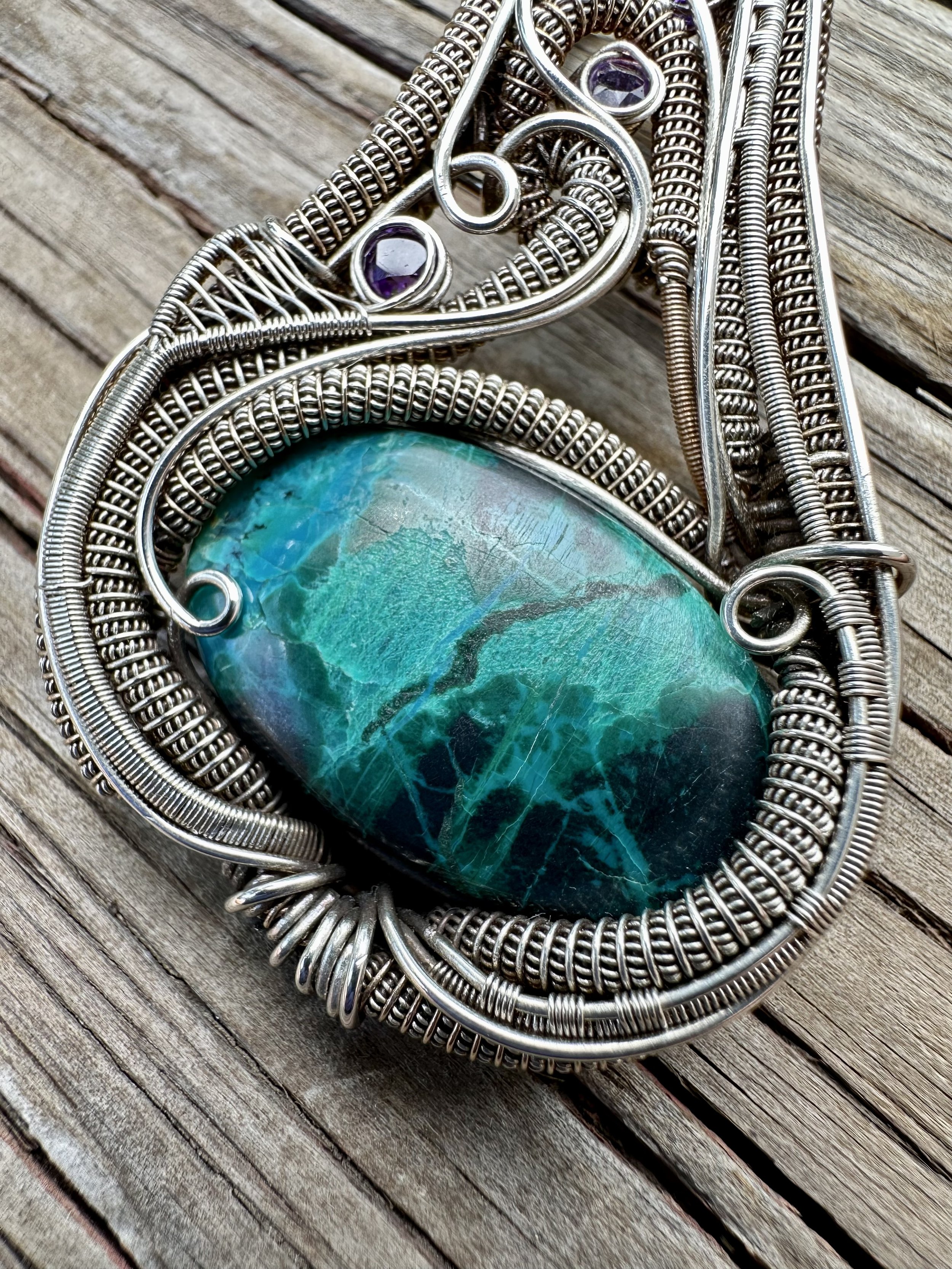 Chrysocolla & Amethyst Sterling Silver & Gold Fill Wire Wrapped Pendant