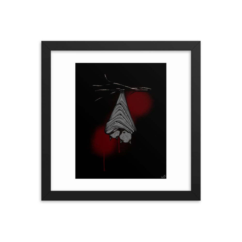 digital painting of two bats wrapped together hanging upside down from a tree set against a stark black background print in a frame