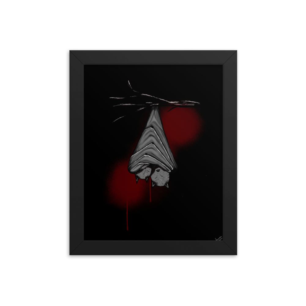 digital painting of two bats wrapped together hanging upside down from a tree set against a stark black background print in a frame