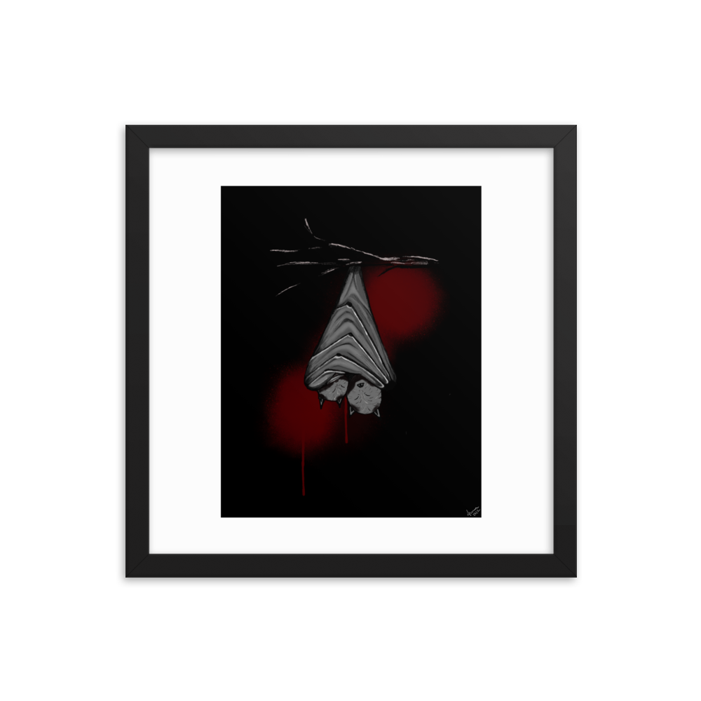 digital painting of two bats wrapped together hanging upside down from a tree set against a stark black background print in a frame
