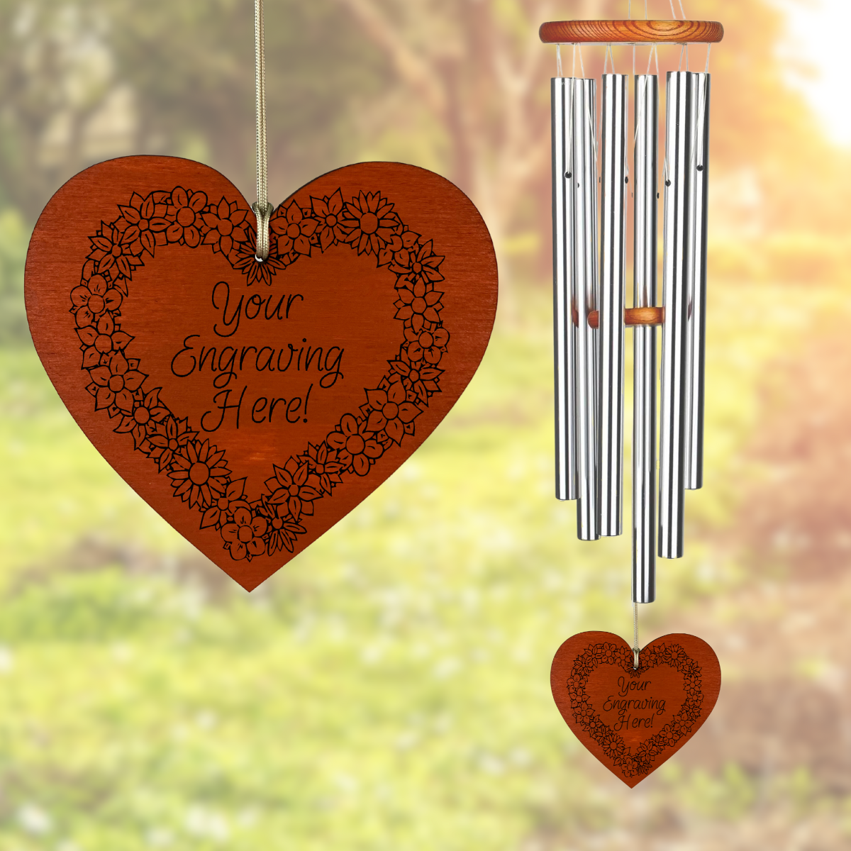 AMAZING GRACE SILVER 40 INCH WIND CHIME - ENGRAVABLE FLORAL WREATH HEART SAIL