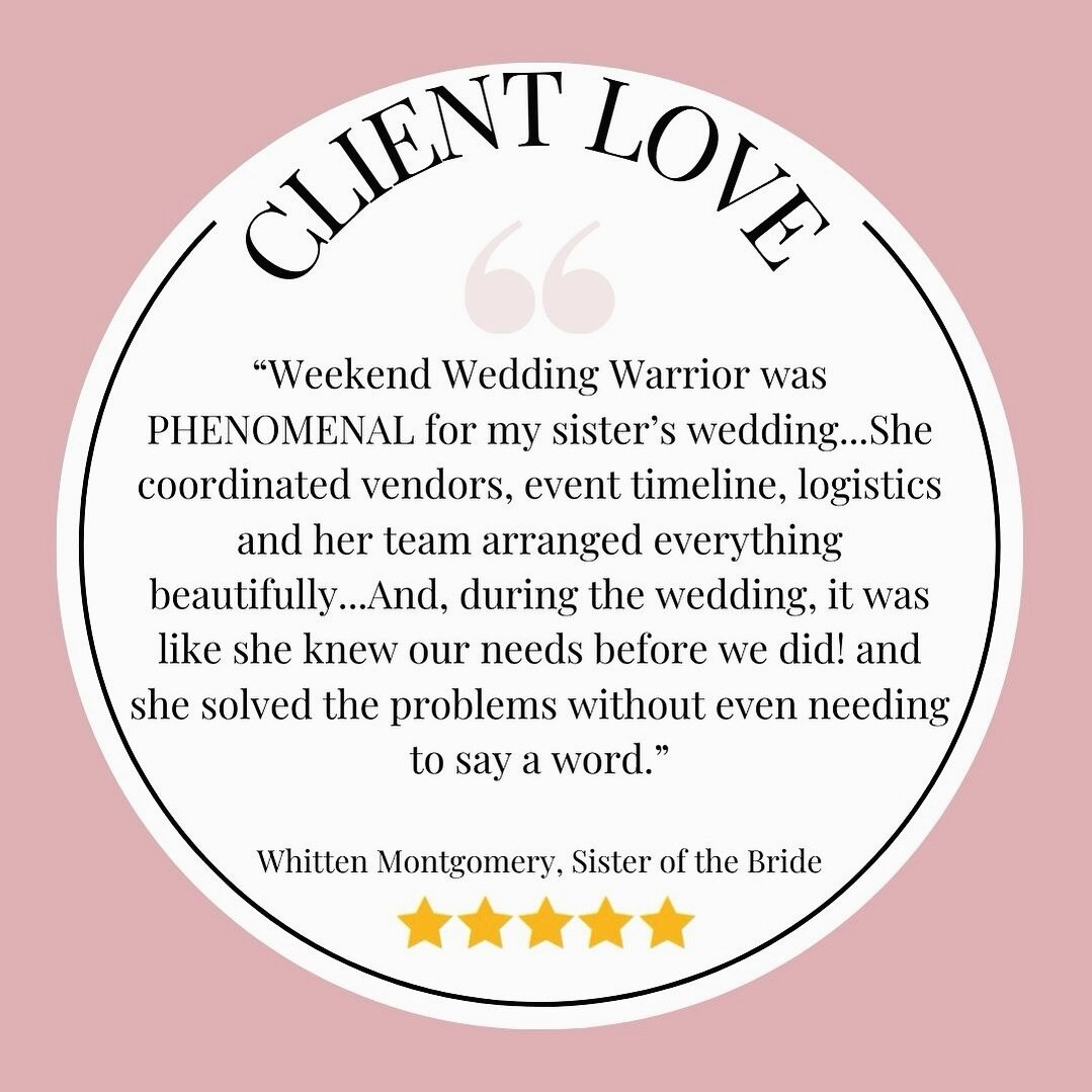 &ldquo;Weekend Wedding Warrior was PHENOMENAL for my sister&rsquo;s wedding in September 2023. I cannot say enough positive words about Maggie Heely. From planning to execution, the wedding process went incredibly smoothly. She understood our needs (