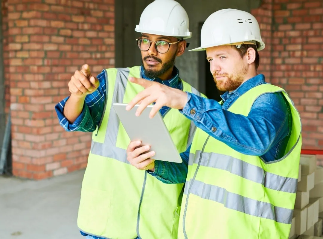 Two construction workers wearing yellow safety vests and white hard hats are looking at a tablet. One worker is pointing at the tablet while the other is operating it. They are standing in front of a brick wall with construction materials nearby.