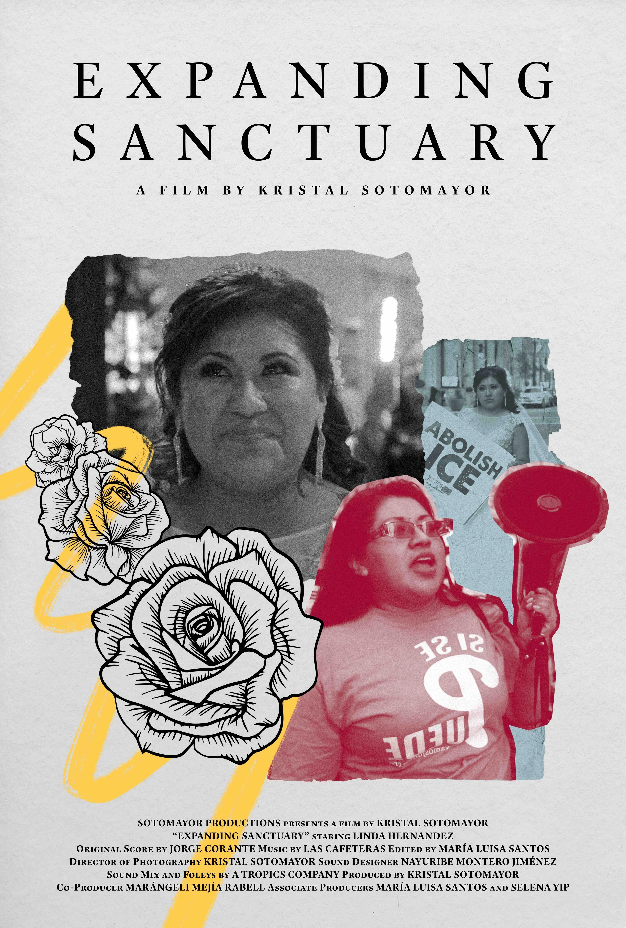 A poster for Expanding Sanctuary featuring various stylized stills of a Latina woman.