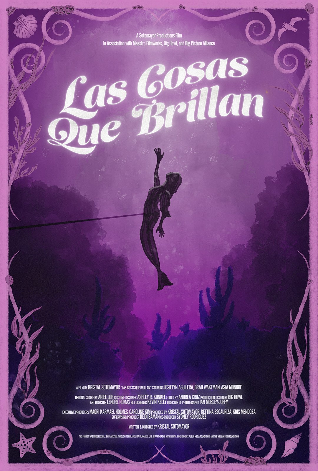 A purple illustrated movie poster titled 'Las Cosas Que Brillan' featuring a girl in a dress balancing on a tightrope, surrounded by abstract flora and sea creatures.