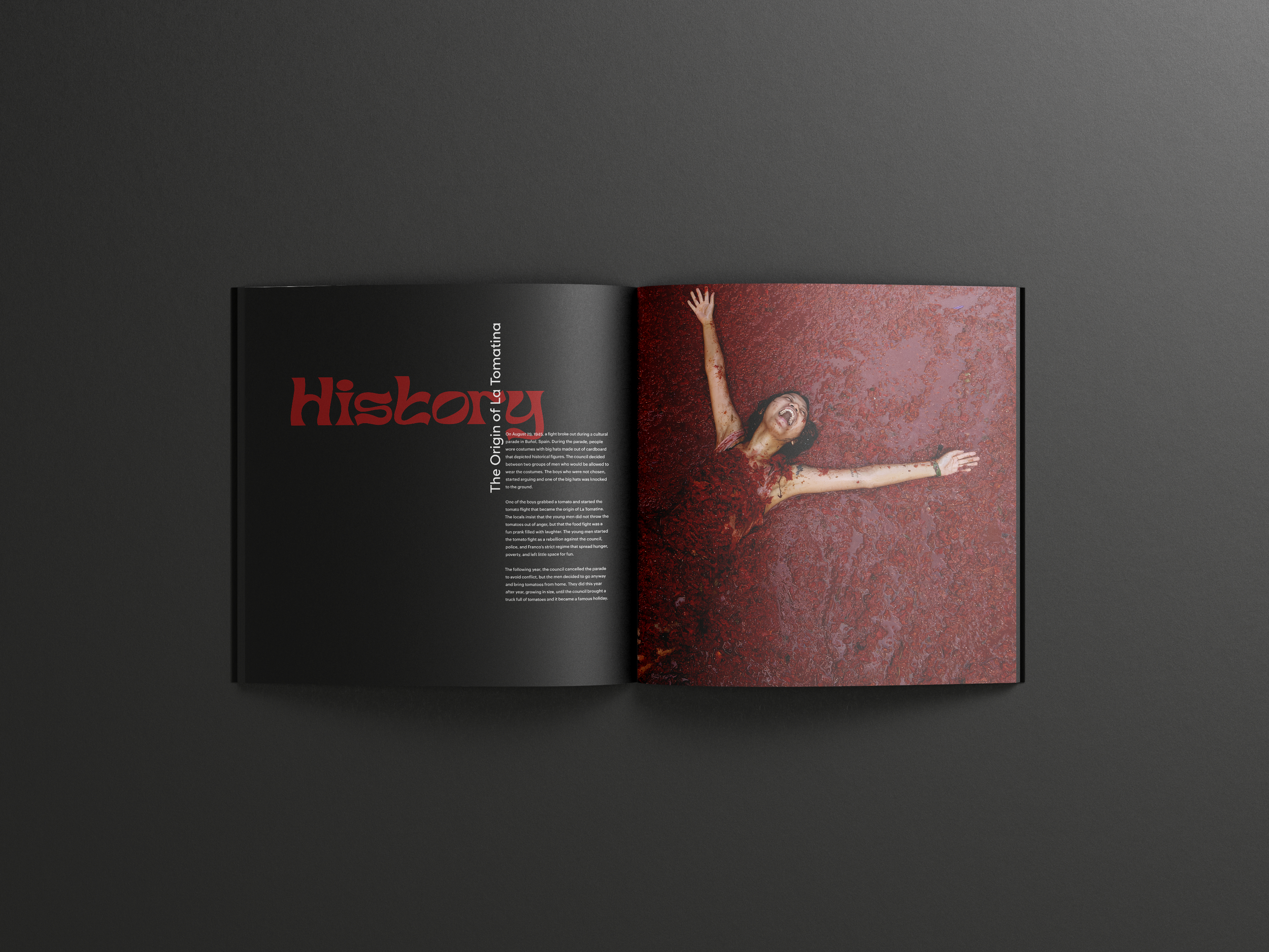 Editorial spread about the history of La Tomanina with black background, red and white typography, and portrait photograph with red background. From "Rituals & Revels".