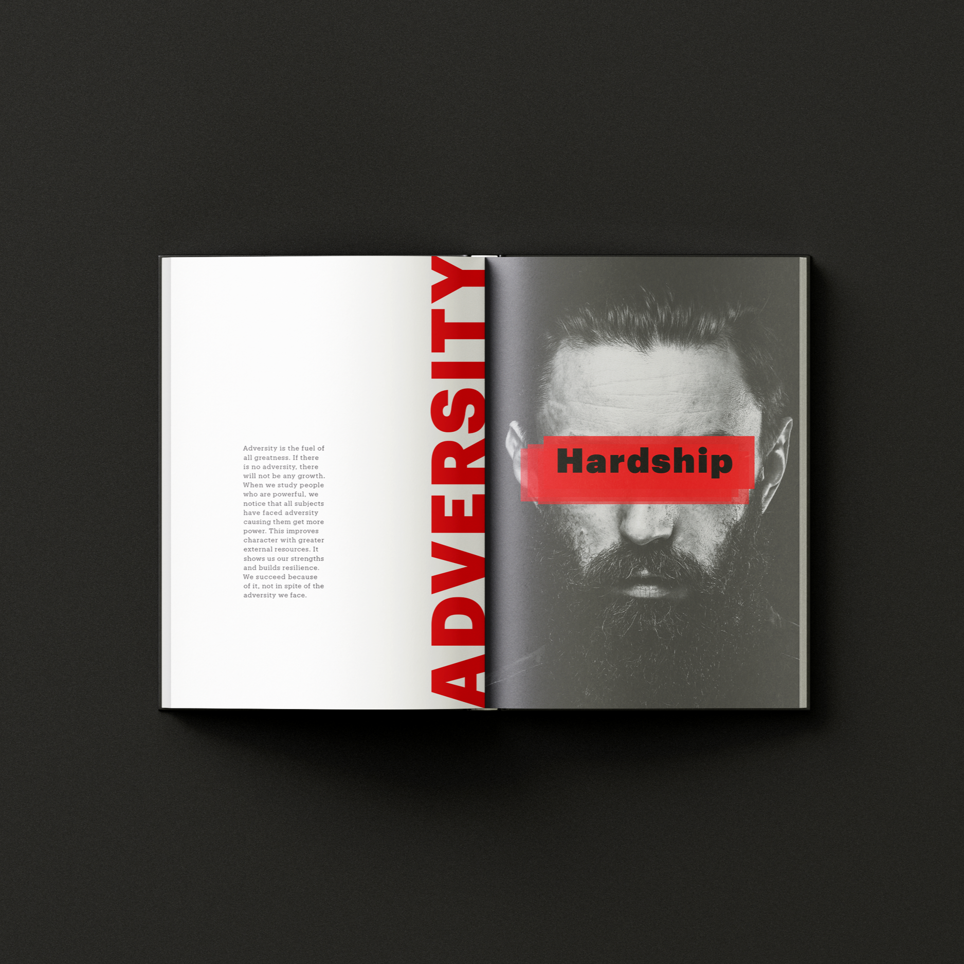 Editorial spread exploring adversity and resilience with bold red typography and black-and-white portrait photography. From "The Concept of Power".