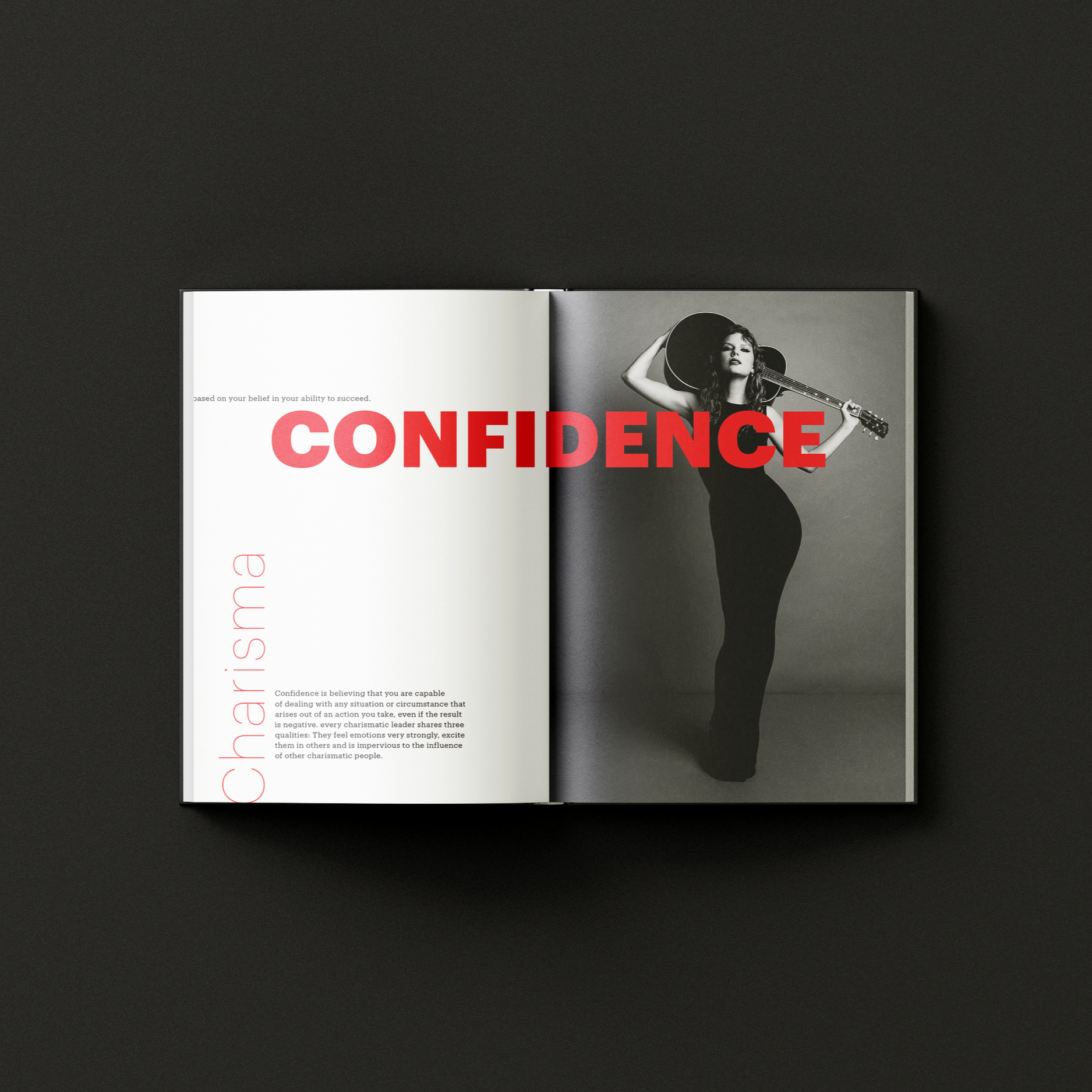 Editorial spread featuring black-and-white portrait and large red "Confidence" typography across a two-page layout. From "The Concept of Power".