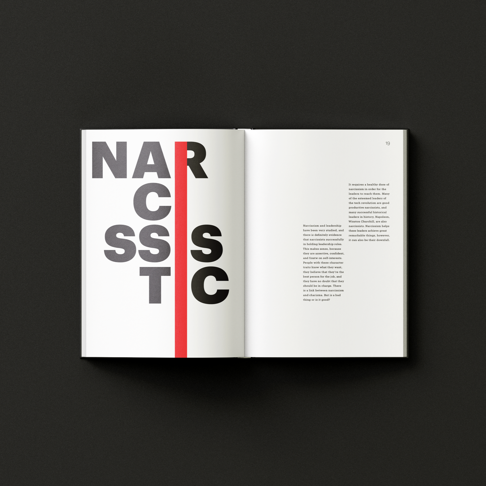 Typographic editorial spread exploring narcissism and leadership with bold vertical text composition. From "The Concept of Power".