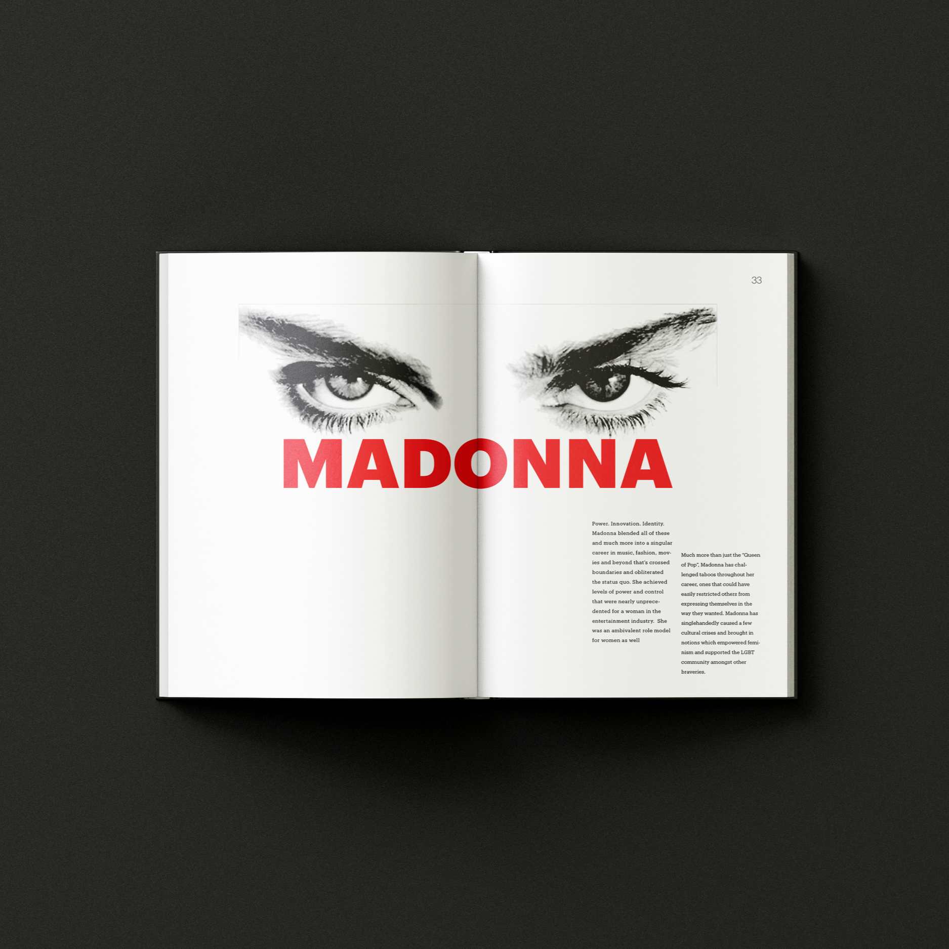 Editorial layout featuring black-and-white close-up portrait with bold red "Madonna" headline. From "The Concept of Power".