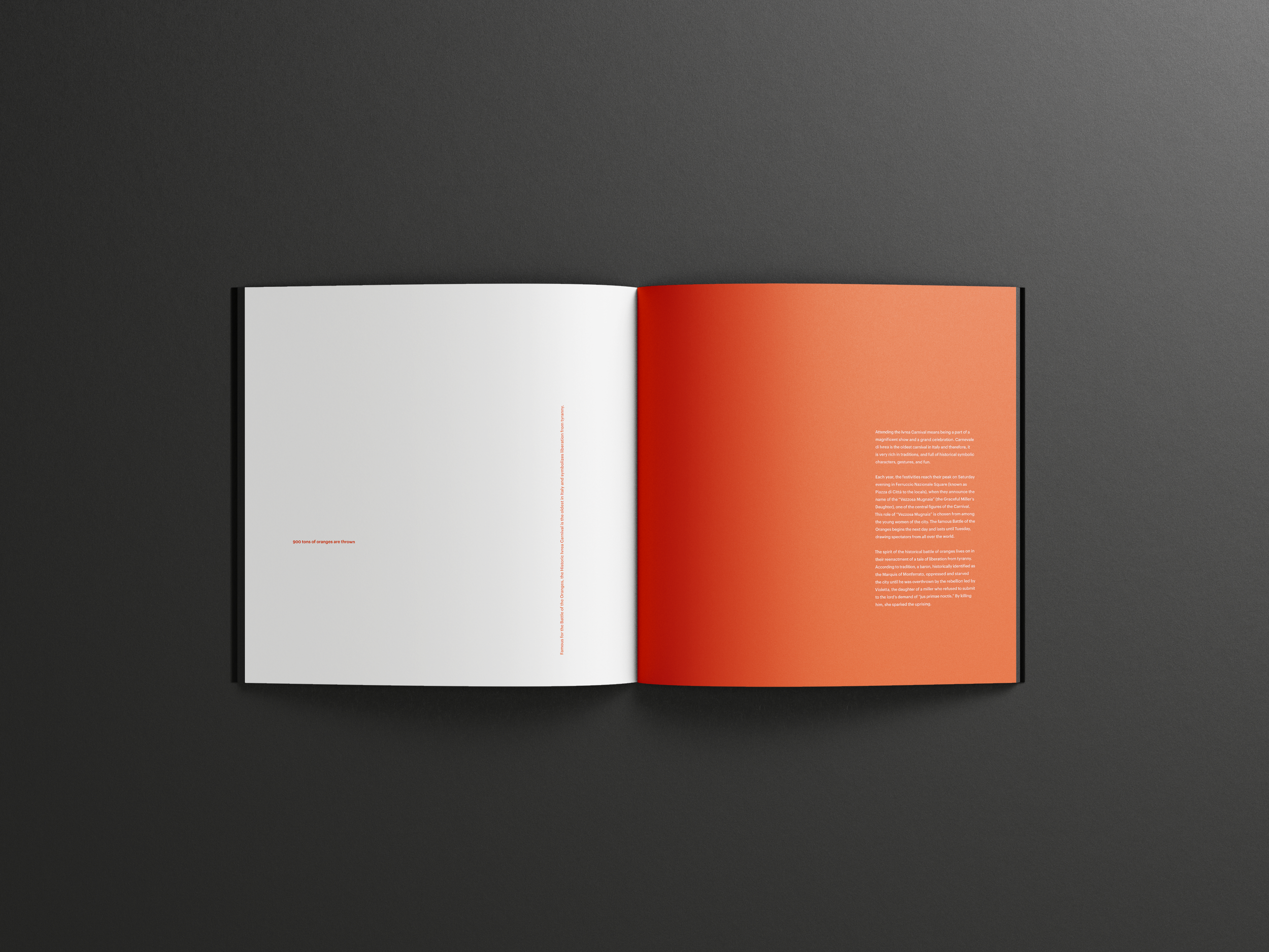 Editorial spread about Carnevale di Ivrea that features white and orange pages with minimal typographic composition. From "Rituals & Revels".