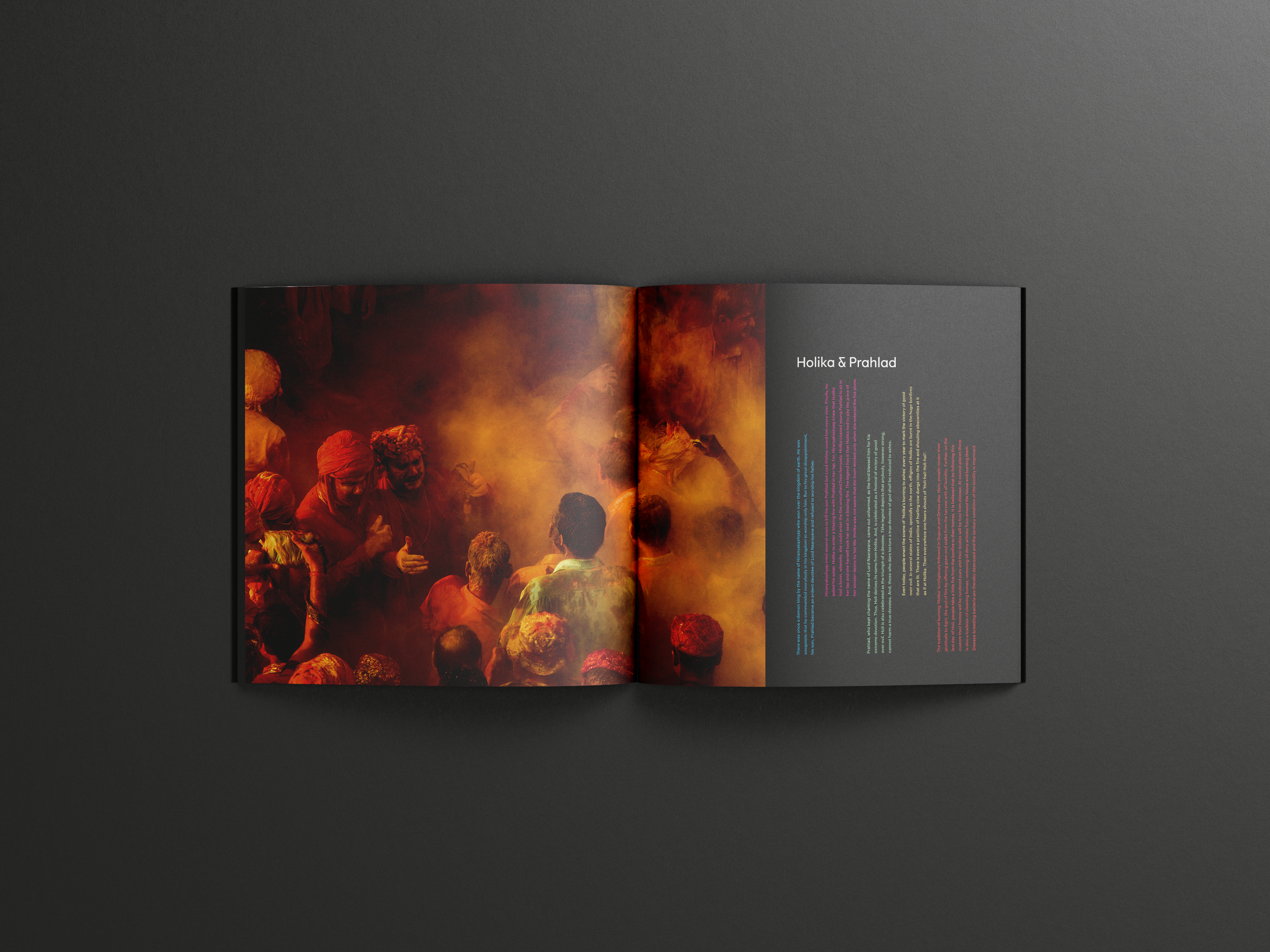Editorial spread on 'Holika & Prahlad'  featuring vibrant orange powder photography and vertical text composition in various color. From "Rituals & Revels".