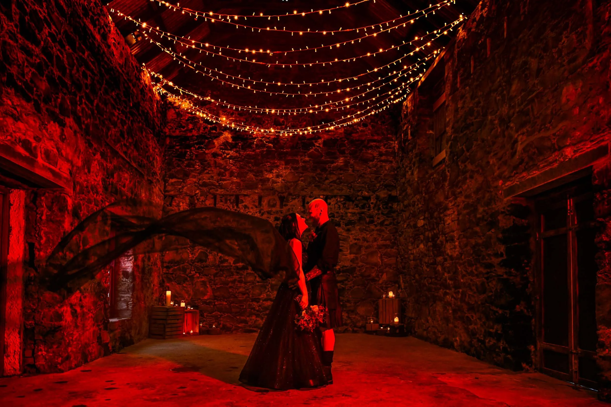 Witchy Halloween wedding in the rustic barn at Crear, Scottish Highlands.