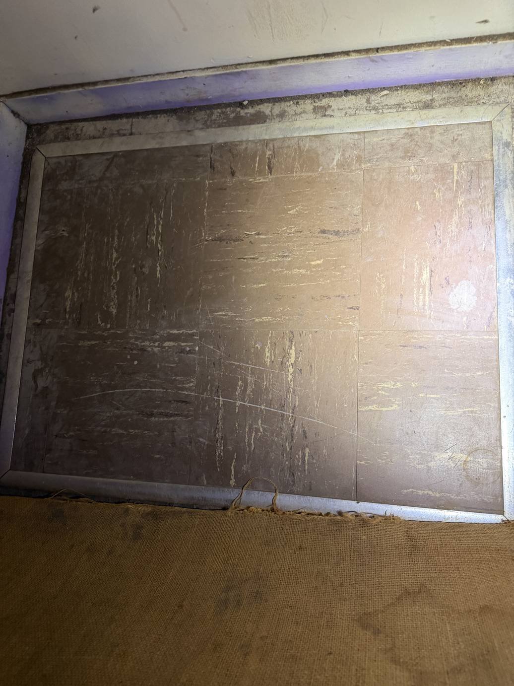 Suspect floor tile and mastic observed during a Chicago asbestos inspection; laboratory testing required to confirm asbestos content.