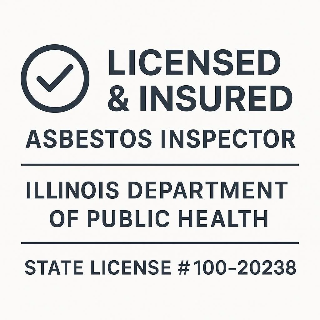 Illinois Department of Public Health licensed asbestos inspector, license #100-20238, insured