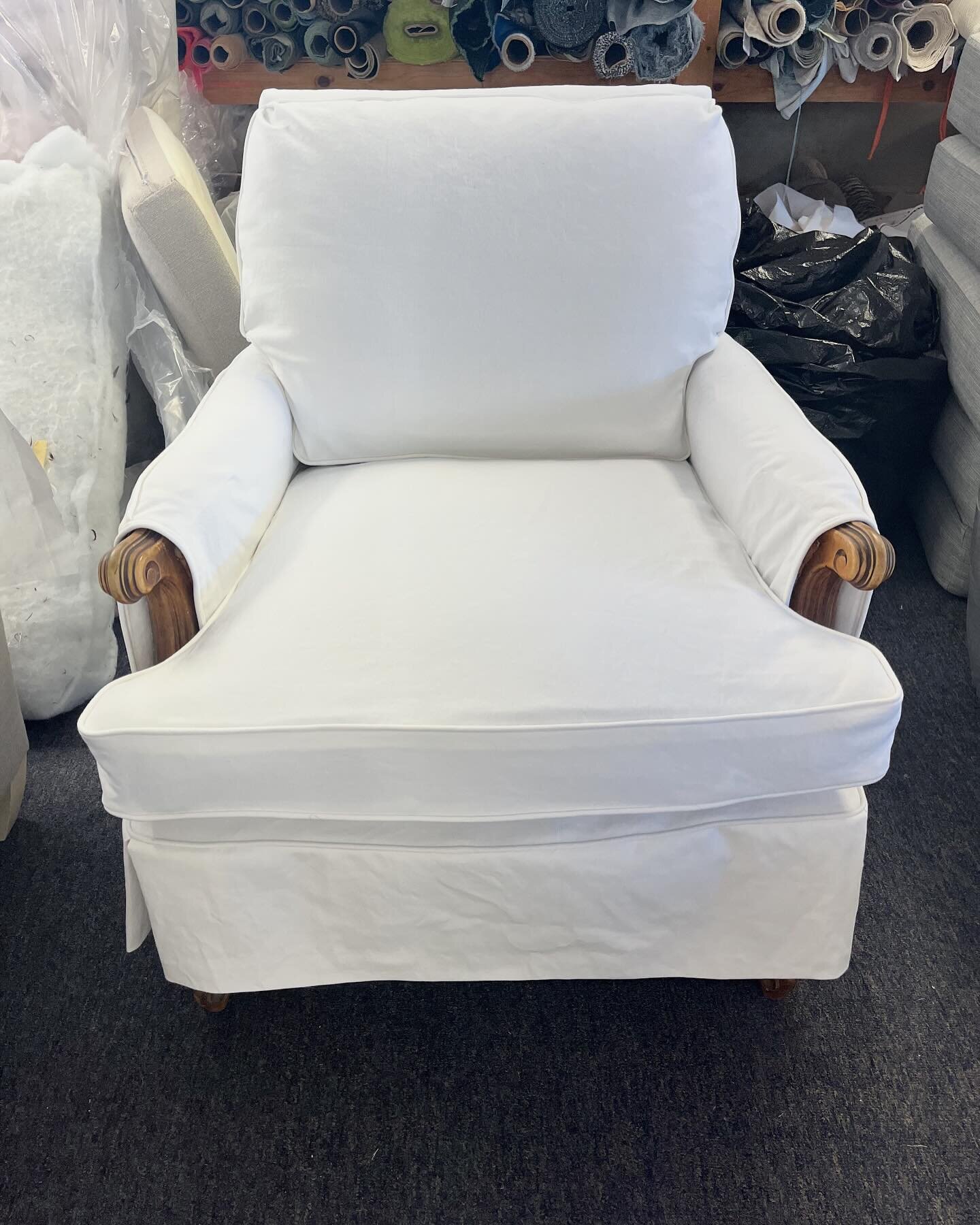 ✨Before &amp; After✨ Our customer requested a custom slipcover for an antique chair that belonged to her mother that would show off the beautiful wood detailing while bringing the design into the present day. The fabric is a white cotton canvas that 