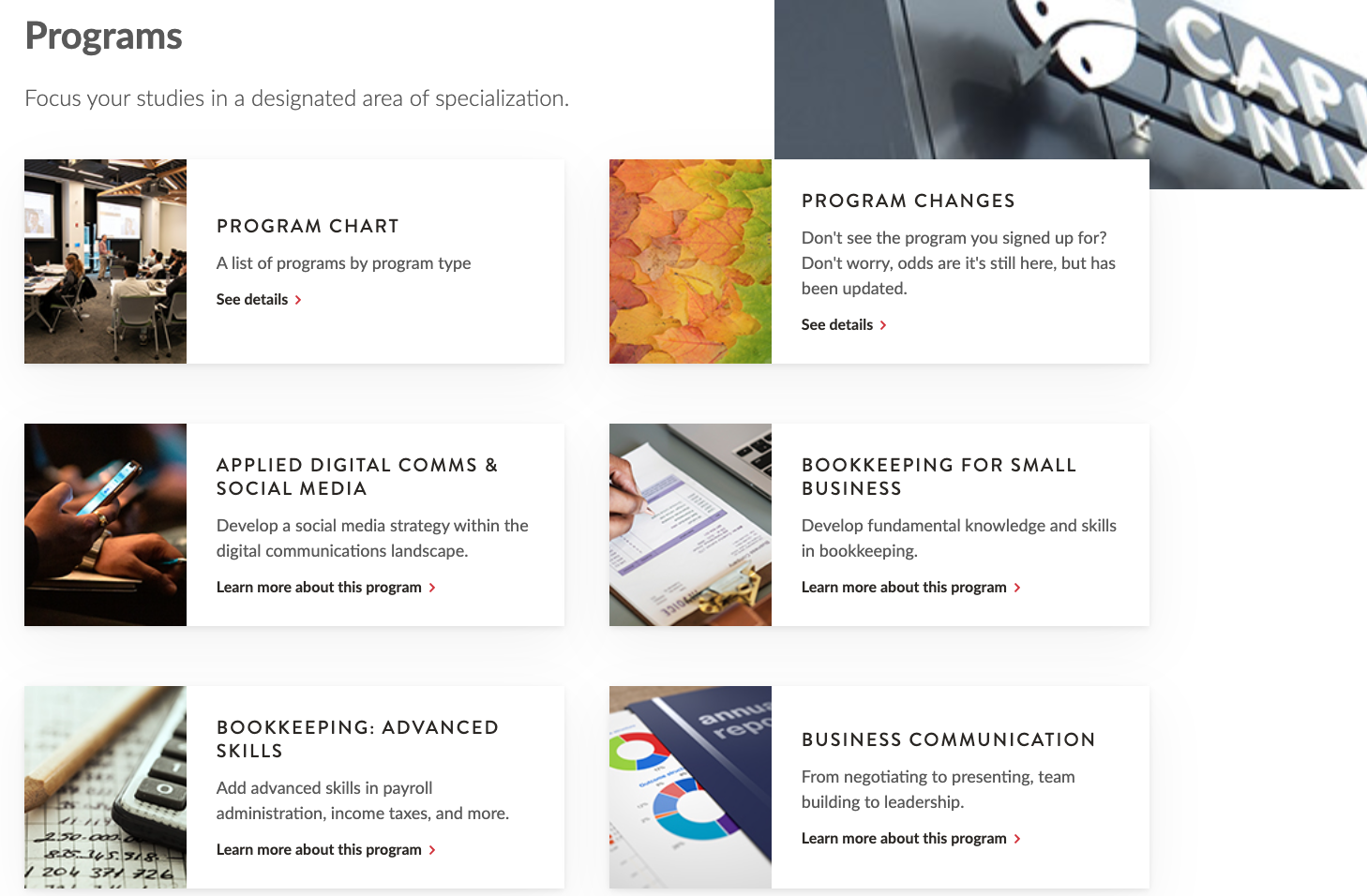 new continuing studies listing page featuring link-tiles