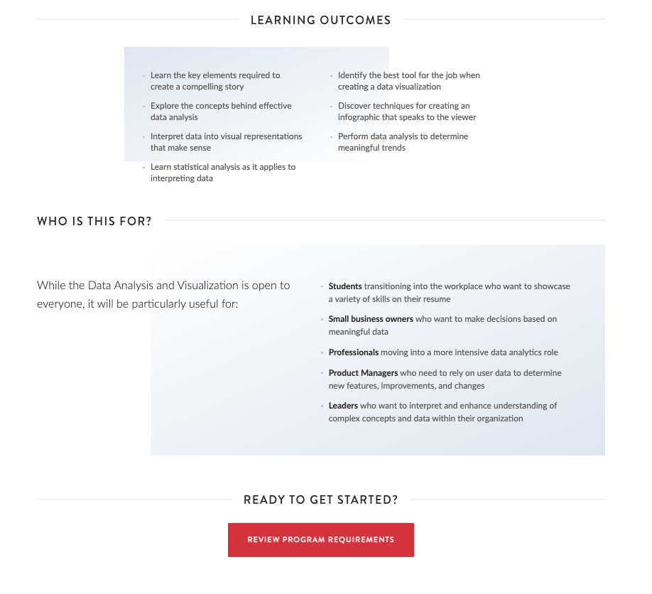 New program page structure featuring learning outcomes