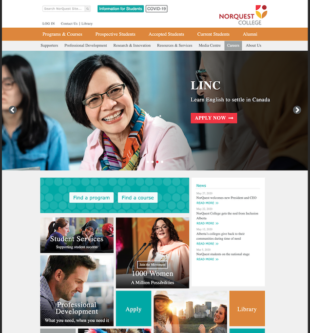Homepage for Norquest college in 2020 before the redesign
