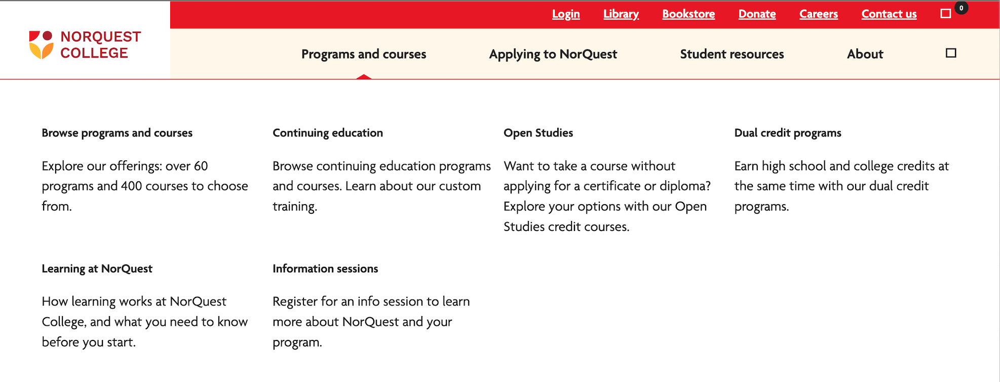 NorQuest College's new mega menu featuring wayfinding text