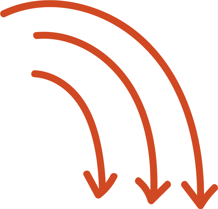 Three curved arrows pointing downward, varying in size from smallest to largest, in a reddish-brown color.