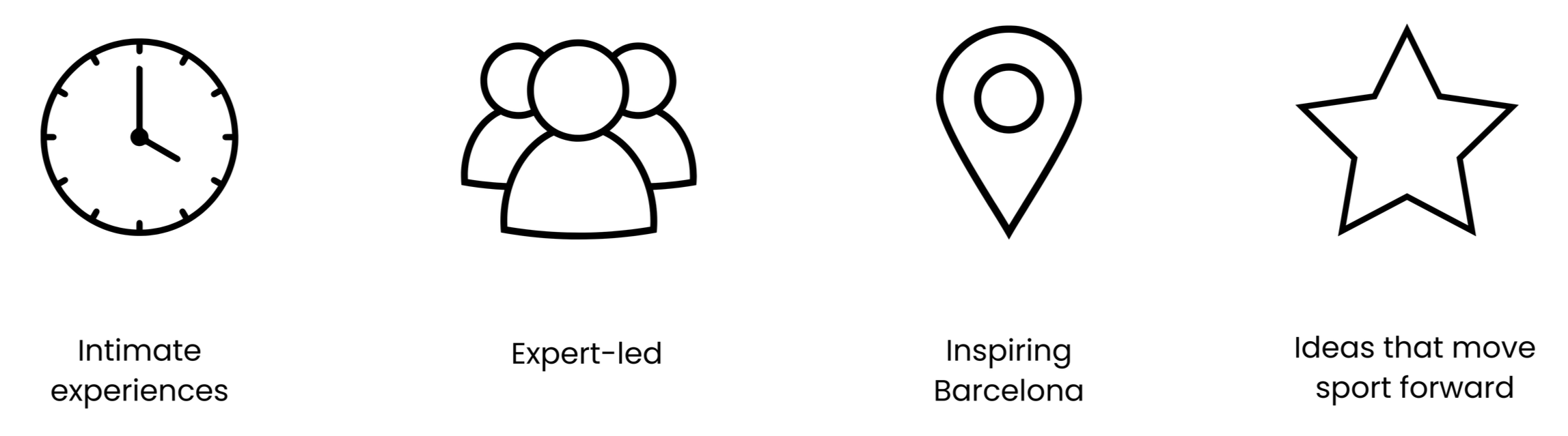 Icons of a clock, a group of people, a location pin, and a star, with text reading "Intimate experiences," "Expert-led," "Inspiring Barcelona," and "Ideas that move sport forward."