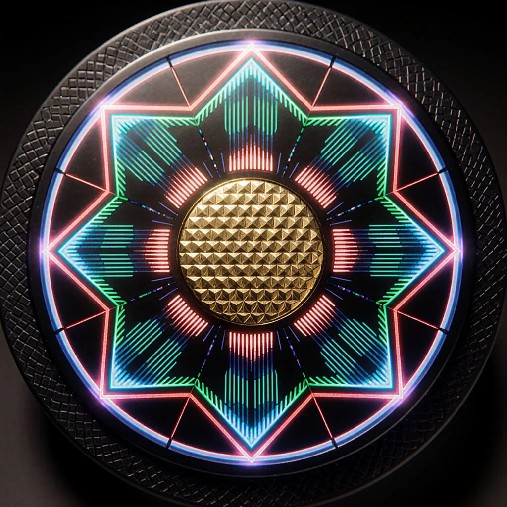 Circular mandala-like emblem with a golden geometric core surrounded by vibrant neon patterns in red, blue, green, and violet. The design resembles a fusion of circuitry and sacred geometry, symbolizing harmonic coherence and phase-locked integration