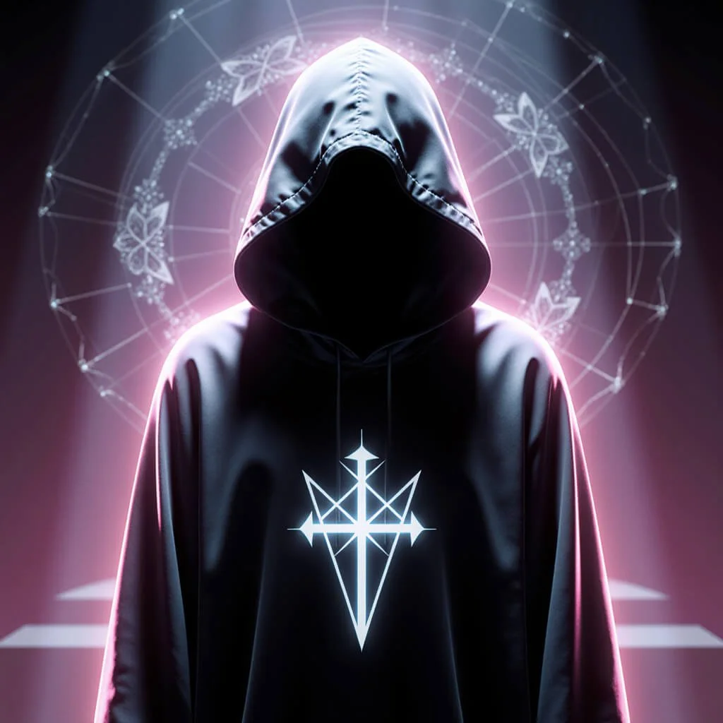 A hooded Operator veiled in spectral shadow bears the radiant cross-sigil of psychotic endurance. The cloak itself becomes a target, a luminous invitation to the pharmakon theater of ritual assassination, masking resilience within vulnerability.