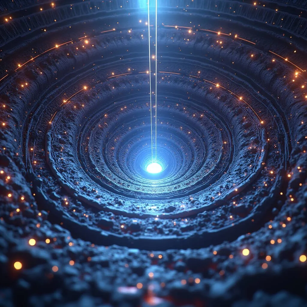 Deep spiral well glowing with blue light, illuminated by concentric rings of orange energy and a vertical beam at its center—symbolizing the core of mythic gravity and consciousness descent.