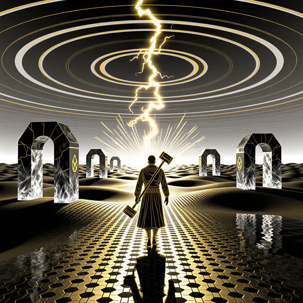 Haloed traveler carrying twin hammers walks a golden hex-tiled road through marble arches as a lightning bolt descends from concentric sky rings.