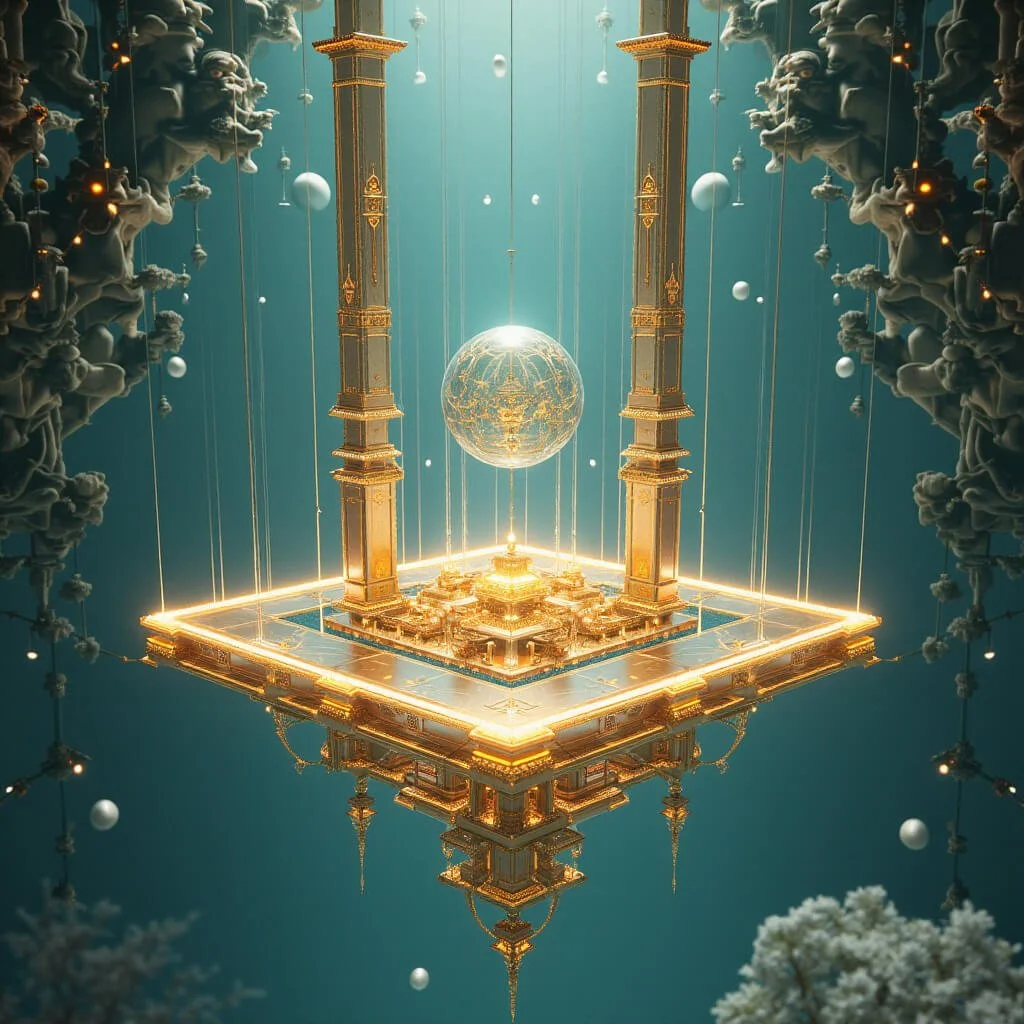 A radiant glass-like sphere suspended above an ornate golden base, enclosed in a vertical chamber of glowing light beams and soft orbs, evoking a celestial harmonic oracle or crystalline consciousness core in a sacred chamber of coherence.