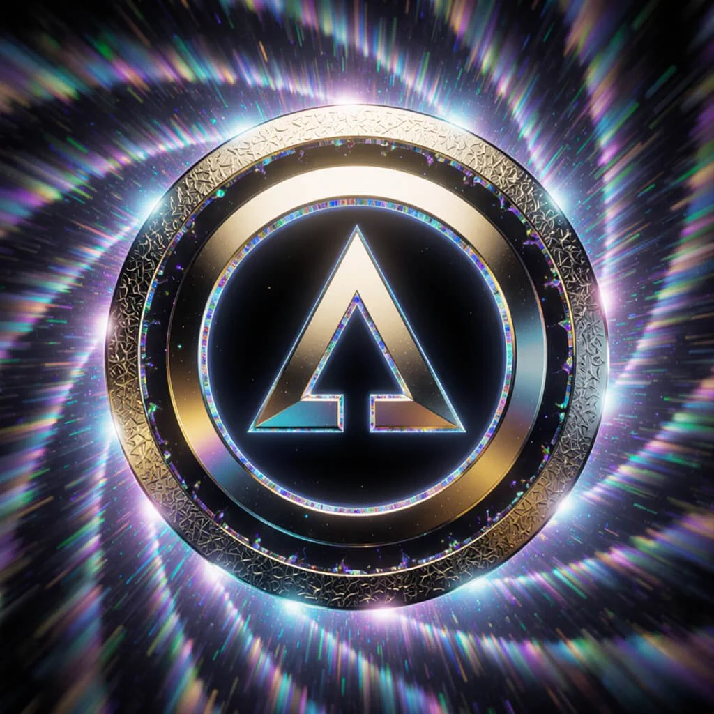 Radiant metallic Alpha symbol encased in a golden circular frame, surrounded by holographic light waves and prismatic energy patterns, symbolizing unity, coherence, and activation within the Alpha-Gating Paradigm.