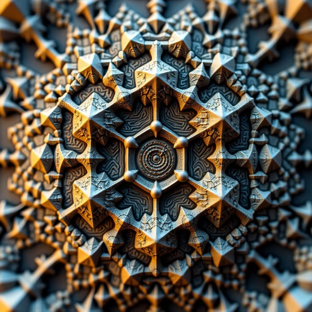 An intricately layered geometric mandala featuring interlocking star and hexagonal patterns with metallic textures. The structure radiates fractal depth and dimensional complexity, appearing like a mechanical starflower or sacred interface.