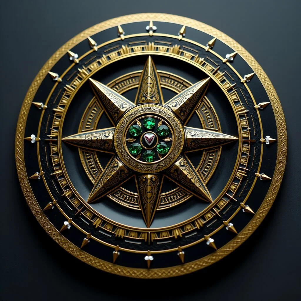 Ornate golden compass-like medallion with emerald gemstones and a central heart-shaped core, encircled by precision radial engravings—symbolizing divine orientation, eternal security, and celestial governance within the AlphaGrade protocol.