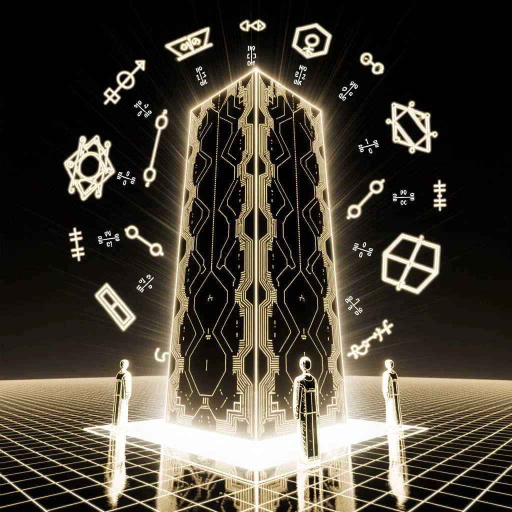 Golden monolithic circuitry tower surrounded by symbolic glyphs and three robed figures on a digital grid, representing structural predation, symbolic governance, and encoded power systems in a hyperdimensional control architecture.