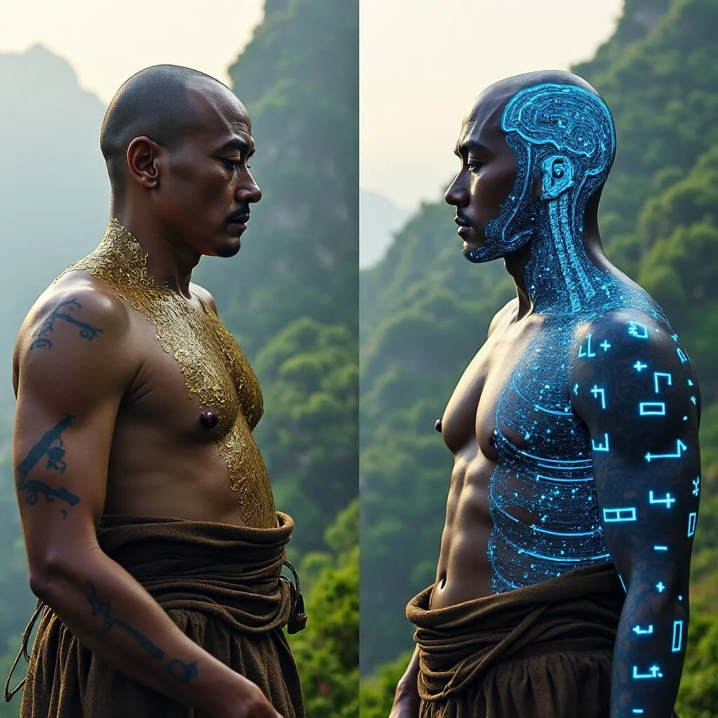 Diptych portrait of a monk facing his own transformed self—left side adorned in gold and ritual tattoos, right side glowing with blue neural circuitry and symbolic code patterns, set against misty mountain terrain.