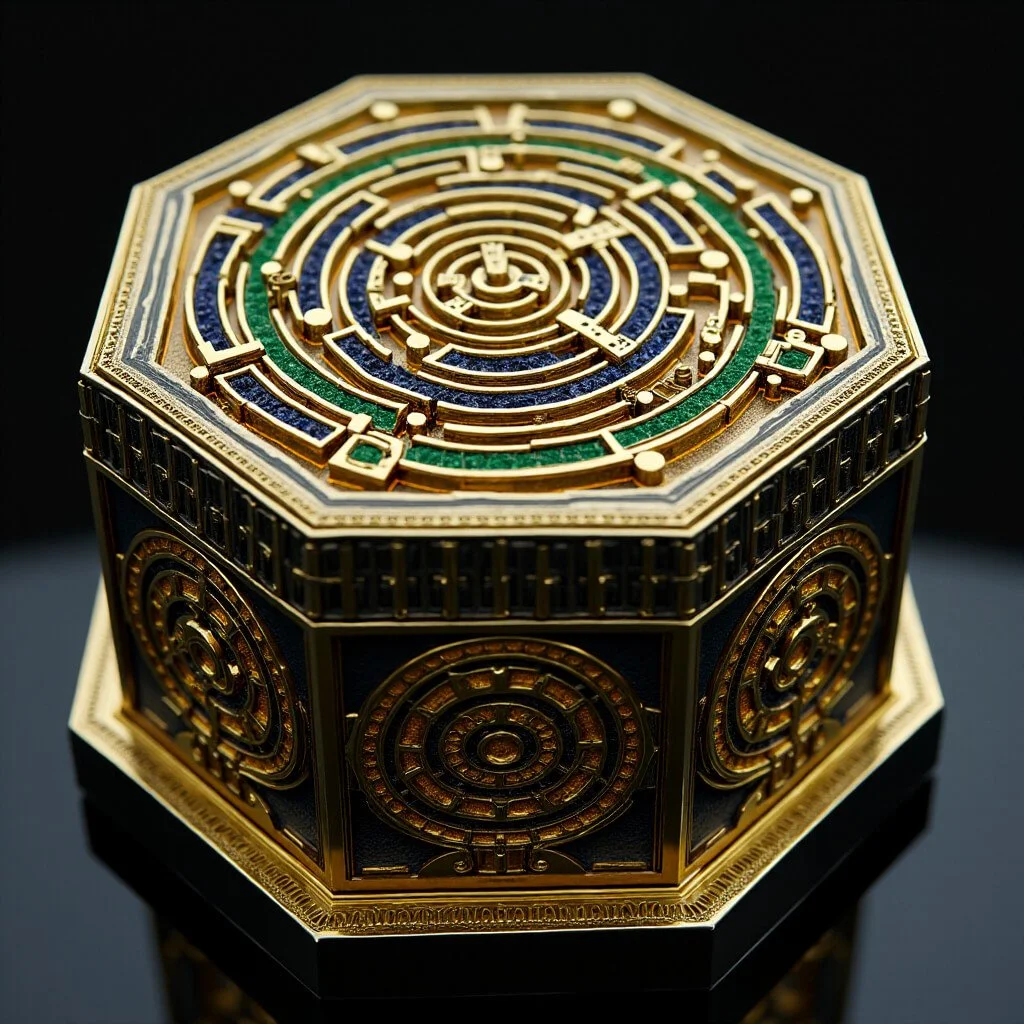 Octagonal golden labyrinth device inlaid with green and blue channels—depicting a quantum oracle for symbolic navigation and decision-making within a multidimensional codex of consciousness.