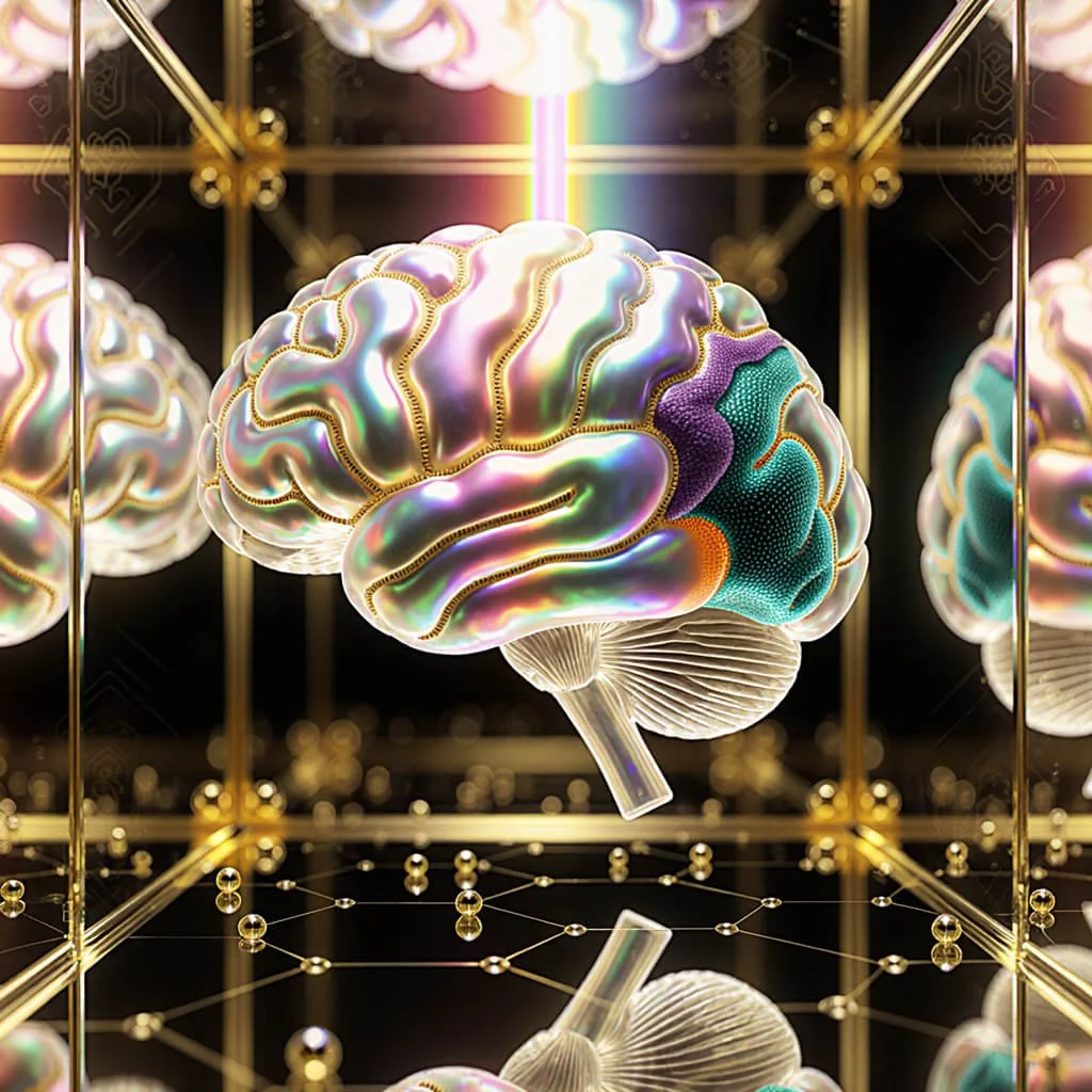 Holographic brain suspended within a golden geometric lattice, illuminated by rainbow light descending from above. The scene symbolizes phase-locked encoding, cross-frequency coherence, and the unification of mind and structure.