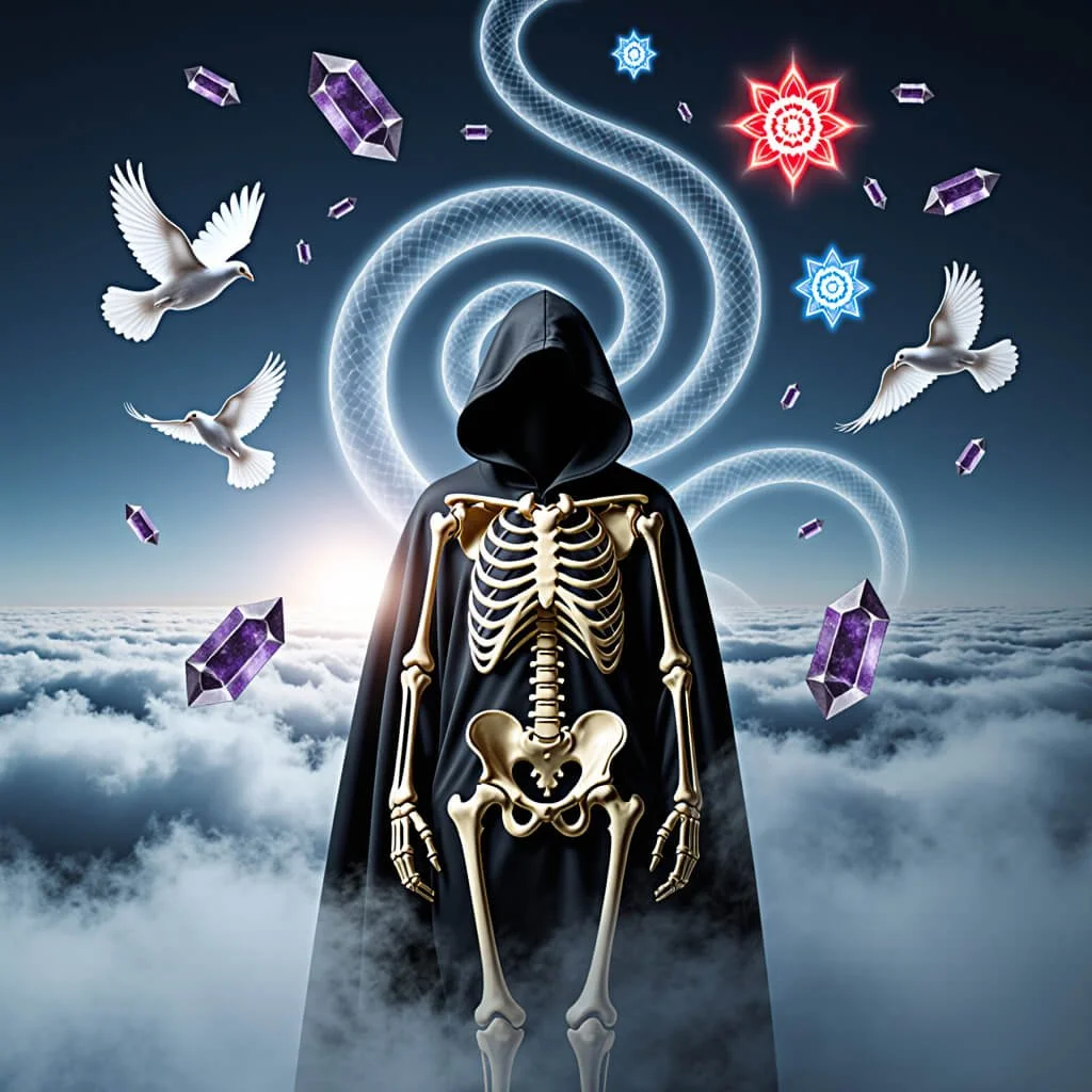 Hooded skeletal figure above the clouds with doves, amethyst crystals, and a luminous serpentine energy form, symbolizing death-transcendence, celestial rebirth, and metaphysical liberation.