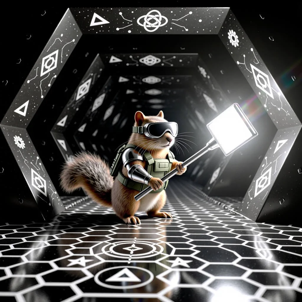 Cyberpunk squirrel in goggles and tactical vest holds a glowing light panel inside a hexagonal tunnel patterned with white glyphs and a hex-grid floor.