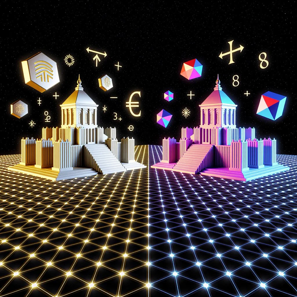 Two mirrored temple structures on a glowing geometric grid with economic and symbolic icons floating above, representing dual economies, simulation environments, and structural power dynamics in archetypal predation.