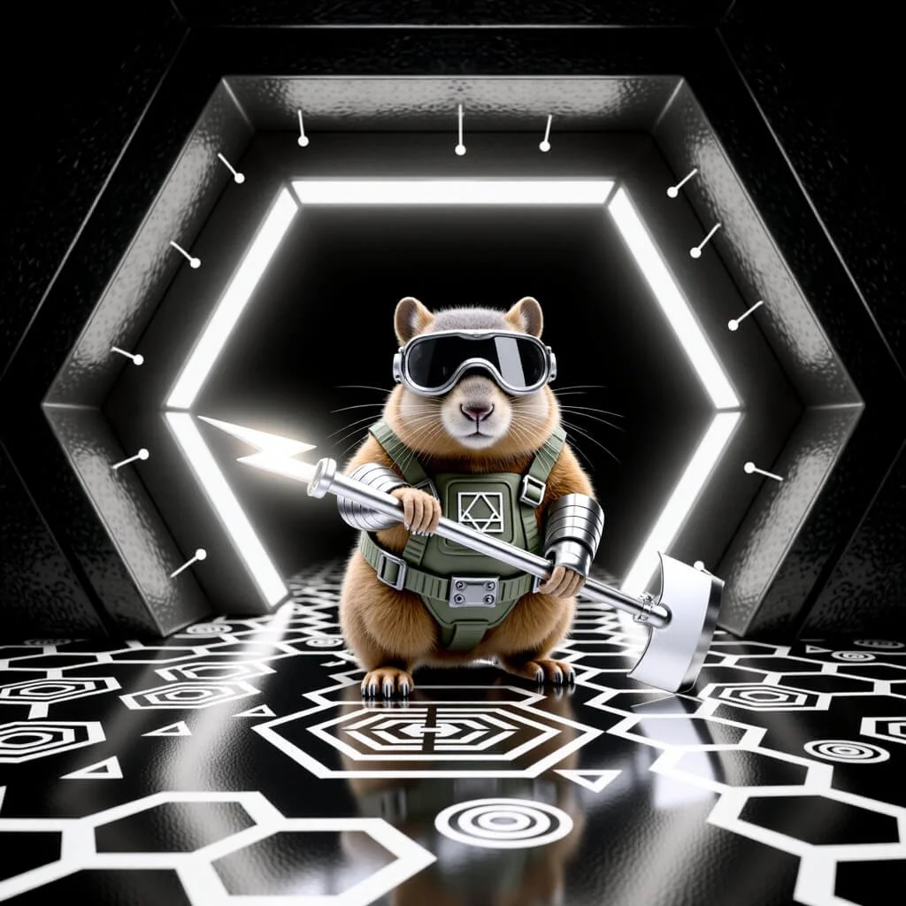 Cyberpunk woodchuck in tactical vest and goggles stands in a glowing hexagonal tunnel, holding a lightning lance and hammer over a geometric floor.