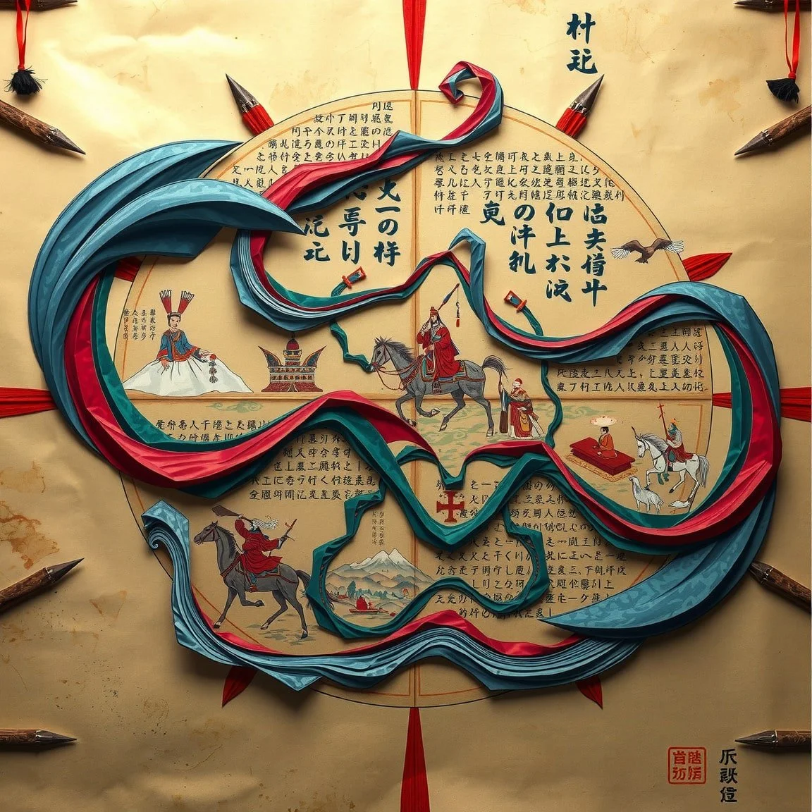 Surreal modern artwork resembling an ancient parchment from the time of Genghis Khan, featuring intricate red and blue ribbon details woven into the design.